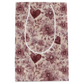 Crème Bourgondië Rode Harten Bloemen Bruiloft Fees Medium Cadeauzakje (Voorkant)