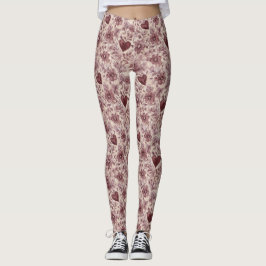 Crème Bourgondië Rode Harten Bloemen Leggings