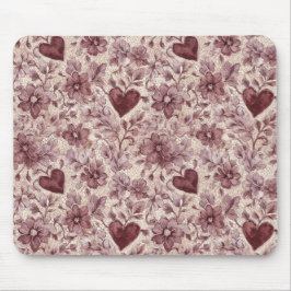 Crème Bourgondië Rode Harten Bloemen Muismat