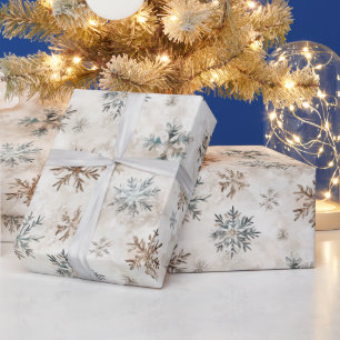 Crème Brons Blauw Sneeuwvlokken Kerst Cadeaupapier