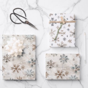 Crème Brons Blauwe Sneeuwvlokken Kerst Inpakpapier Vel