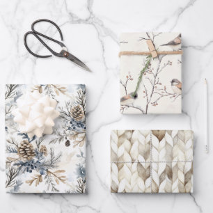 Crème Brons Blauwe Vogels Dennenappels Kerst Inpakpapier Vel