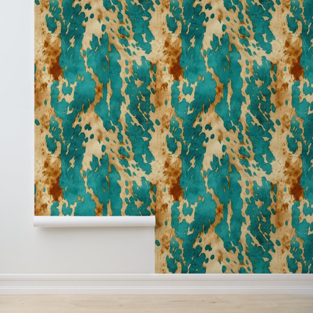 Crème Bruin Blauwgroen Koeienhuid Behang (Applicatie)