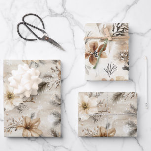 Crème Bruin Bloem Kerstmis Inpakpapier Vel