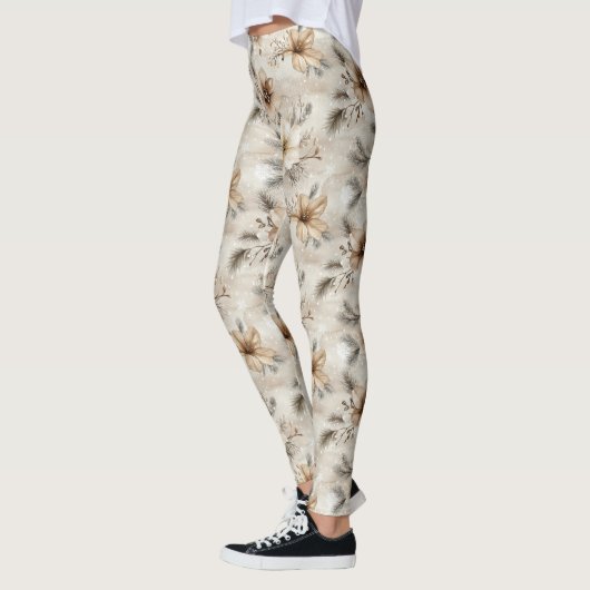 Crème Bruin Bloem Kerstmis Leggings (Links)