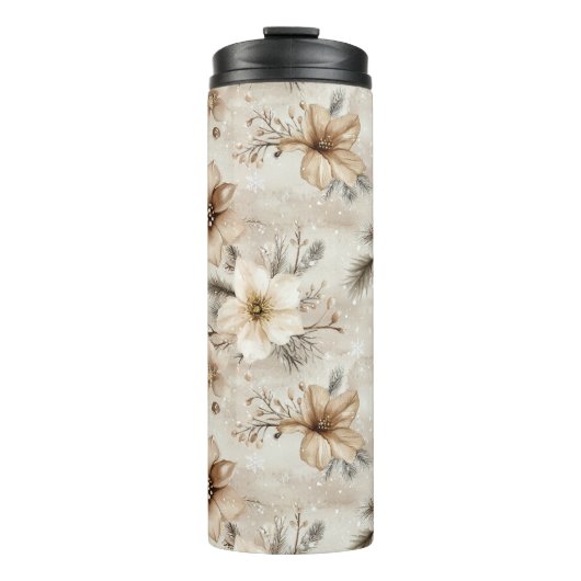Crème Bruin Bloem Kerstmis Thermosbeker (Voorkant)
