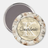 Crème Bruin Bloemmotief Goud Monogram Magneet (Voorkant / Achterkant)