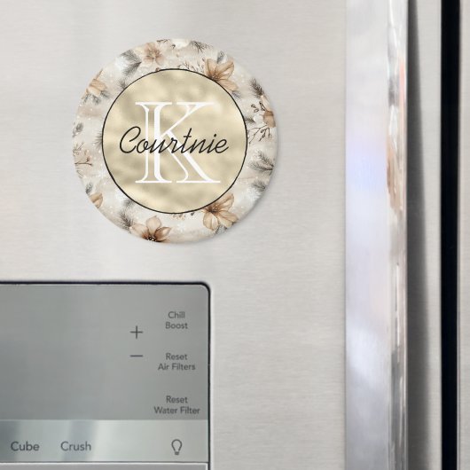 Crème Bruin Bloemmotief Goud Monogram Magneet (Insitu (Koelkast))