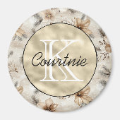 Crème Bruin Bloemmotief Goud Monogram Magneet (Voorkant)