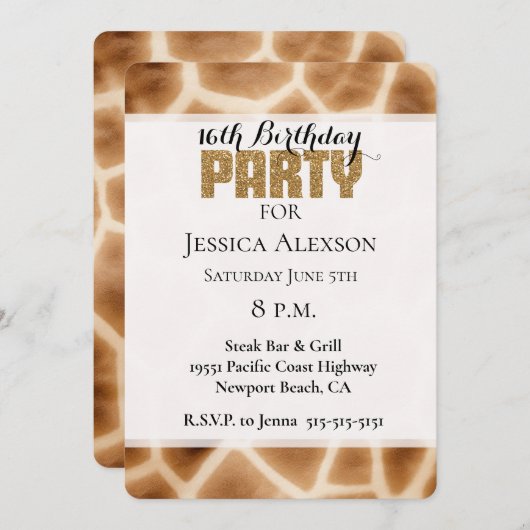 Crème Bruin Giraffe Goud Glitter Party Kaart (Voorkant / Achterkant)