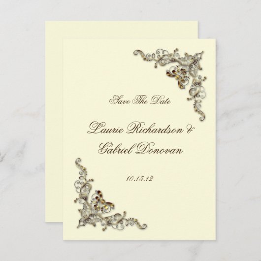 Crème Bruin Goud Juwelen Save the Date Aankondigingskaart (Voorkant / Achterkant)