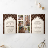 Crème Bruin Ikat Fotocollage Indische bruiloft Drieluik Uitnodiging (Binnen)