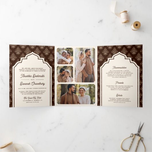 Crème Bruin Ikat Fotocollage Indische bruiloft Drieluik Uitnodiging (Binnen)