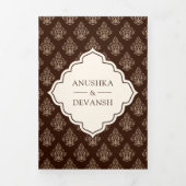 Crème Bruin Ikat Fotocollage Indische bruiloft Drieluik Uitnodiging (Cover)