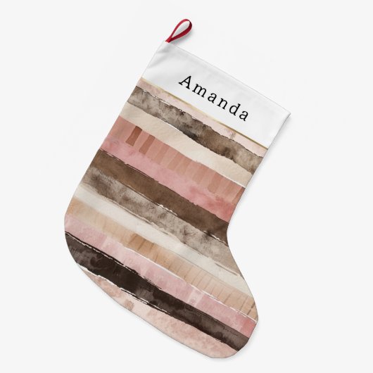 Crème Bruin Roze Strepen Kerst Grote Kerstsok (Voorkant (Hangend))