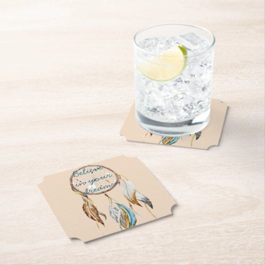 Crème Bruin Turquoise Witte Veren Droomvanger Kartonnen Onderzetters (Insitu)