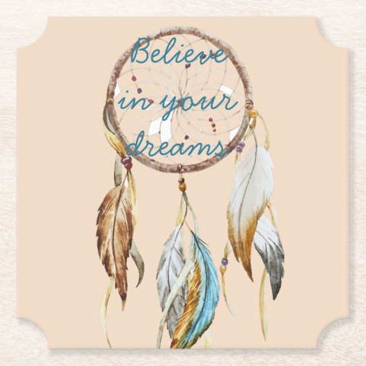 Crème Bruin Turquoise Witte Veren Droomvanger Kartonnen Onderzetters (Voorkant)