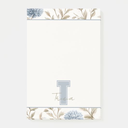 Crème Bruine Blauwe Bloemen Monogram Eerste Letter Post-it® Notes (Voorkant)