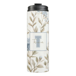 Crème Bruine Blauwe Bloemen Monogram Eerste Letter Thermosbeker