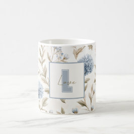 Crème Bruine Blauwe Bloemen Monogram Initiaal Lief Koffiemok