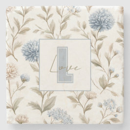 Crème Bruine Blauwe Bloemen Monogram Initiaal Lief Stenen Onderzetter