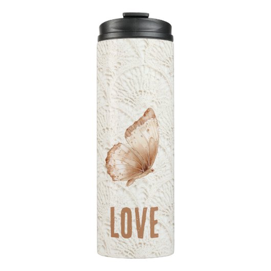 Crème Bruine Boho Boheemse Vlinder Thermosbeker (Voorkant)