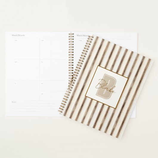 Crème Bruine Strepen Monogram Eerste Letter Naam Planner (Display)