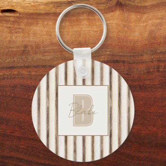 Crème Bruine Strepen Monogram Eerste Letter Naam Sleutelhanger (Voorkant)
