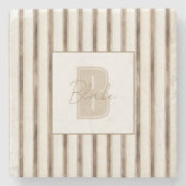 Crème Bruine Strepen Monogram Eerste Letter Naam Stenen Onderzetter (Voorkant)