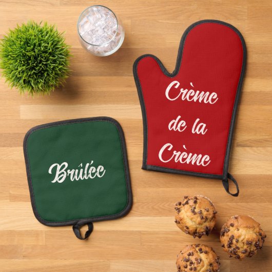 Creme Brulee Grappig Kerstcadeau Rood Groen Ovenwant & Pannenlap Set (Top down)
