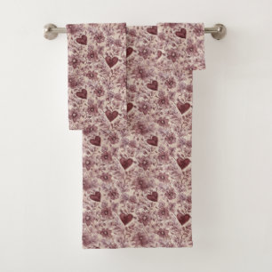 Crème Burgundy Rode Harten Bloemen Bad Handdoek
