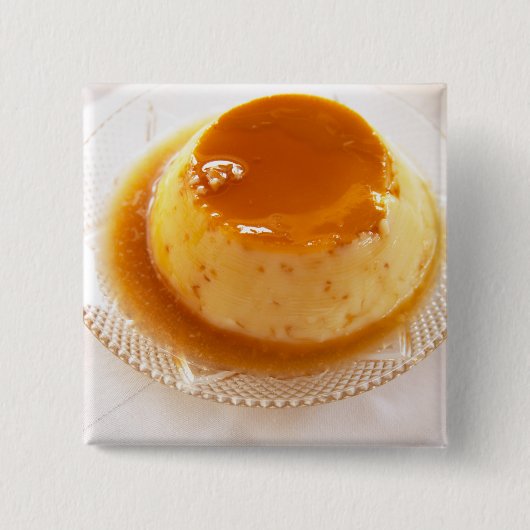Crème caramel soort pudding met karamel vierkante button 5,1 cm (Voorkant)