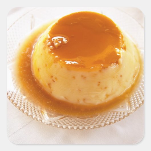 Crème caramel soort pudding met karamel vierkante sticker (Voorkant)