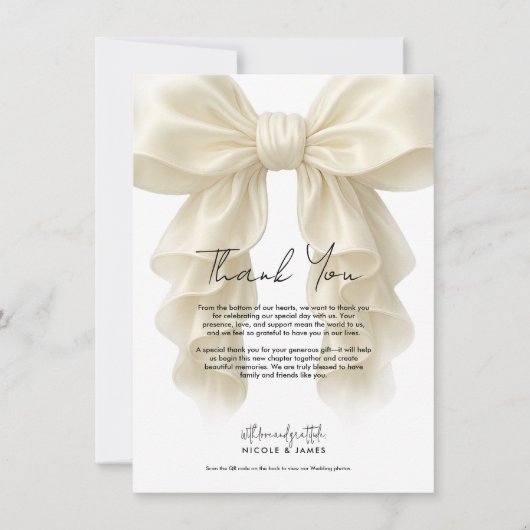 Crème Cascade Ruffle Bow Bruids bruiloft Dank u Kaart (Voorkant)