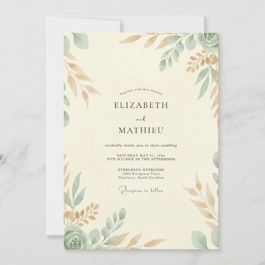 Crème Celadon Blad Bruiloft Kaart (Voorkant)