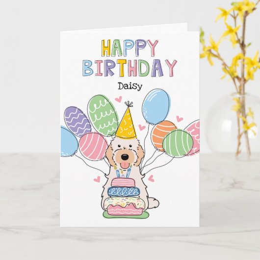 Crème Cockapoo Cavapoo Hond Gelukkige Verjaardag Kaart (Gele Bloem)