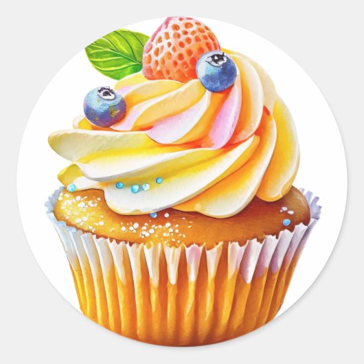 Crème cupcake met bessen verjaardag ronde sticker (Voorkant)