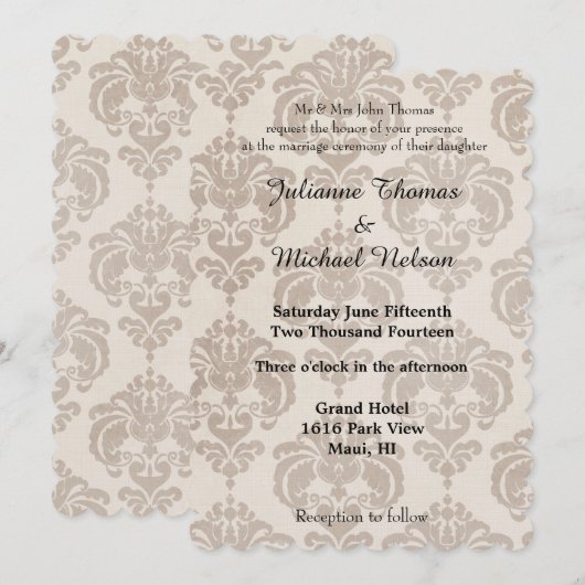 Crème Damask Bruiloft Kaart (Voorkant / Achterkant)