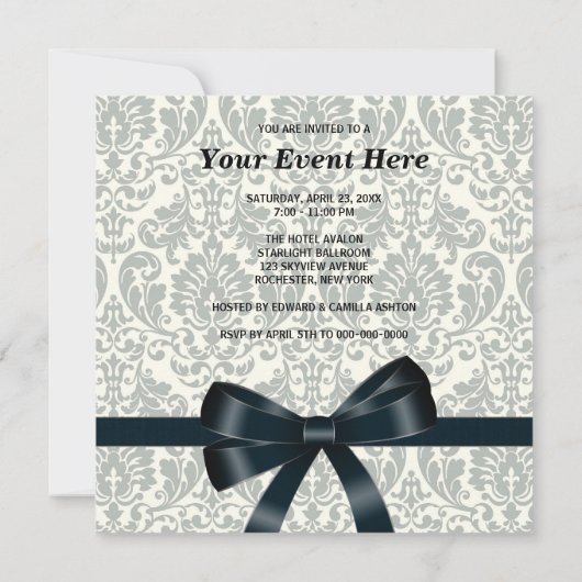 Crème Damast Zwarte Party Kaart (Achterkant)