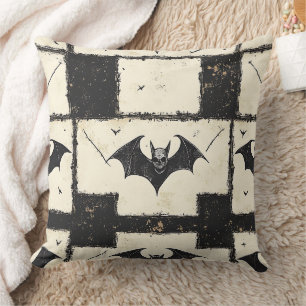 Crème Denim Grunge Patchwork met Vleermuizen (3) Kussen
