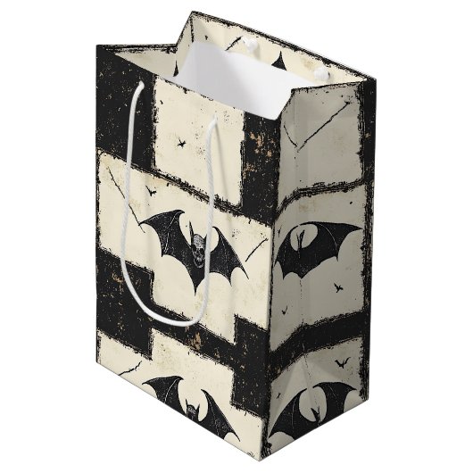 Crème Denim Grunge Patchwork met Vleermuizen (3) Medium Cadeauzakje (Voorkant Gekanteld)