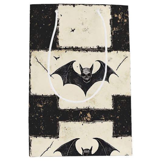 Crème Denim Grunge Patchwork met Vleermuizen (3) Medium Cadeauzakje (Voorkant)