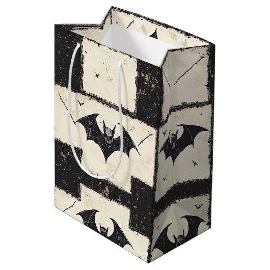 Crème Denim Grunge Patchwork met Vleermuizen (3) Medium Cadeauzakje (Achterkant Gekanteld)