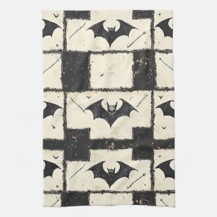 Crème Denim Grunge Patchwork met Vleermuizen (3) Theedoek