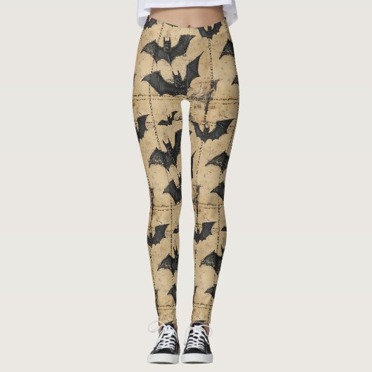 Crème denim grunge patchwork met vleermuizen leggings (Voorkant)
