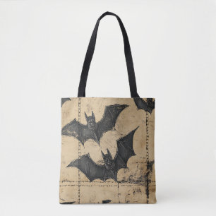 Crème denim grunge patchwork met vleermuizen tote bag