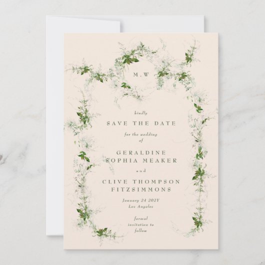 Crème Elegant Eucalyptus krans Monogram Foto Save The Date (Voorkant)