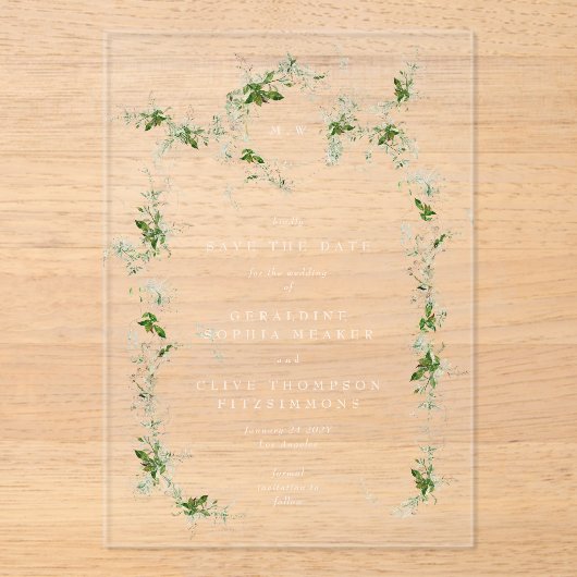 Crème Elegante Eucalyptus Krans Bewaar de datum Acryl Uitnodigingen (Voorkant)
