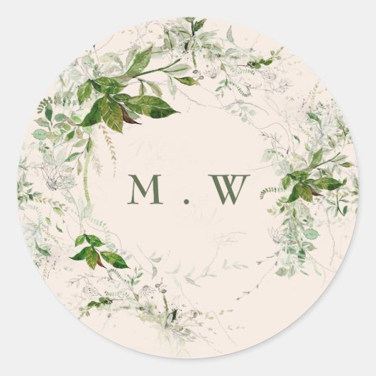 Crème Elegante Eucalyptus Krans Monogram Huwelijk Ronde Sticker (Voorkant)