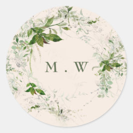 Crème Elegante Eucalyptus Krans Monogram Huwelijk Ronde Sticker
